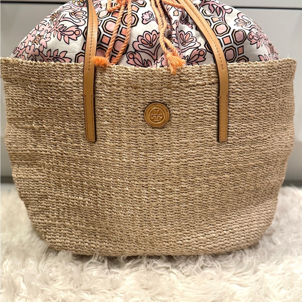 Tory Burch Natural Woven Tote with Floral Lining